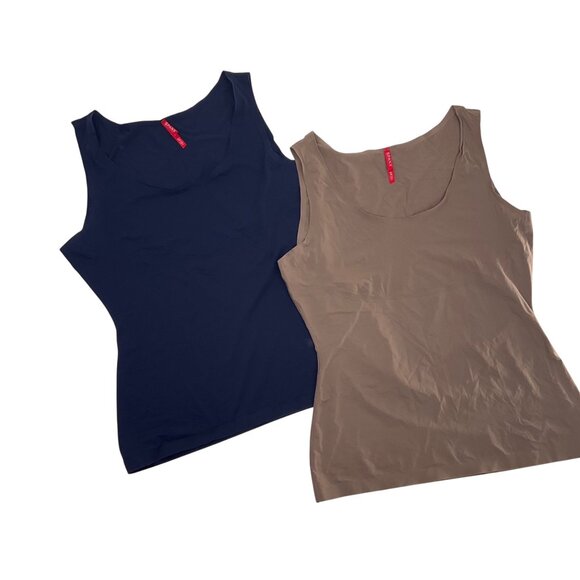 Spanx Womens Shaping Tank Tops XL Beige & Navy Nylon Blend Stretch Scoop Neck - Picture 1 of 7